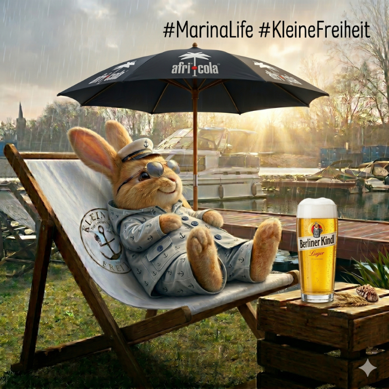 Fiete mit Berliner Kindl unter dem Sonnenschirm im Stadthafen Teltow in der Kleinen Freiheit